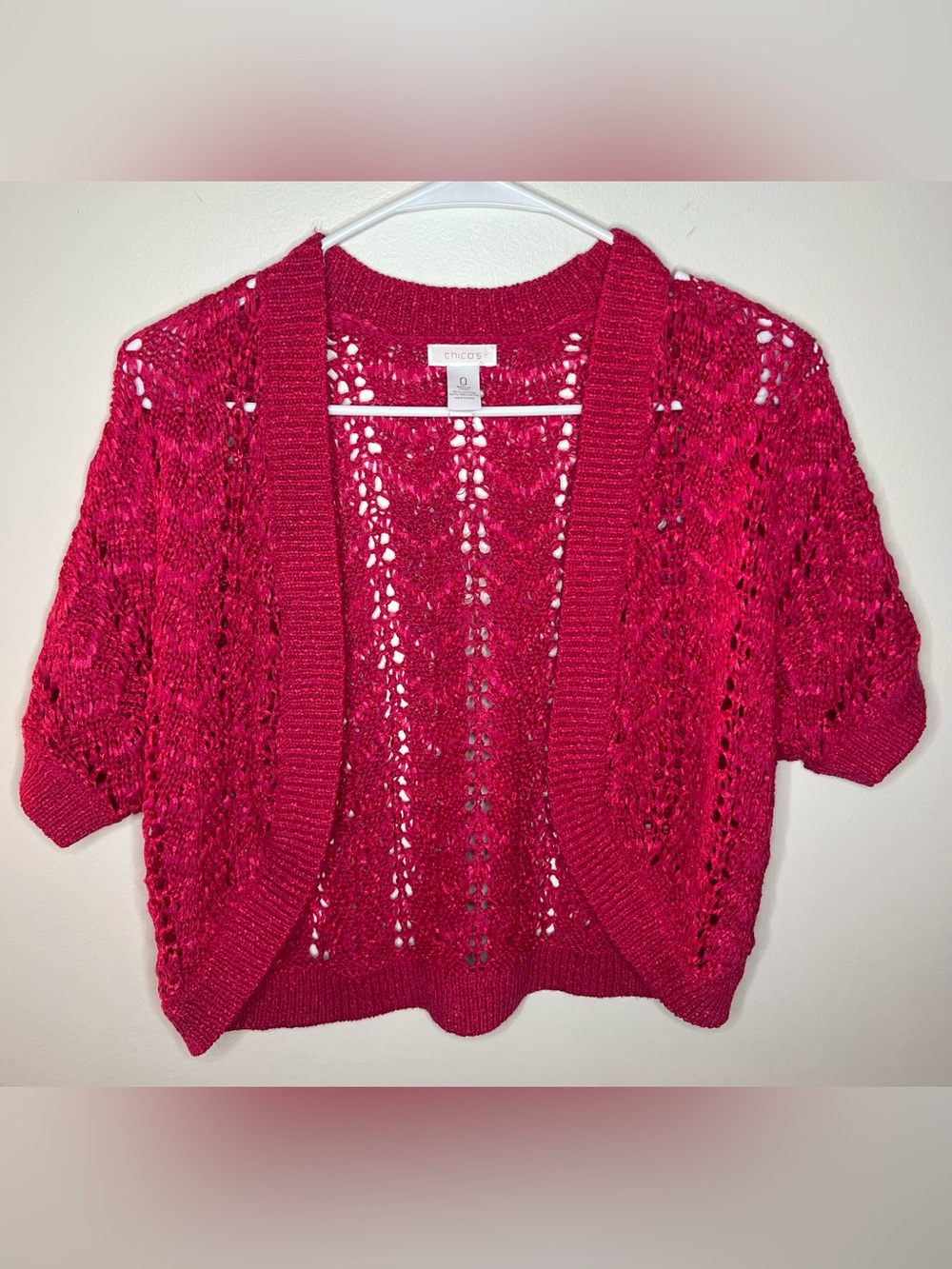 Chico's Open-Weave Short Sleeve Cardigan - Fuchsia